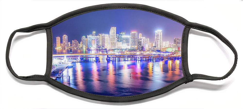 Architectural Face Mask featuring the photograph Aerial Miami skyline night long exposure in Miami Beach and MacArthur Causeway by Rod Gimenez