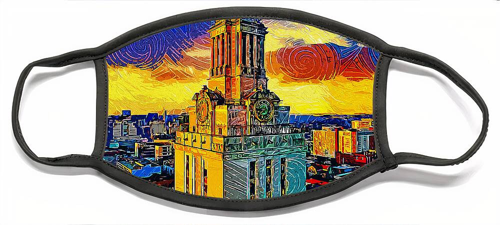 Main Building Face Mask featuring the digital art Aerial of the Main Building of the University of Texas at Austin - impressionist painting by Nicko Prints