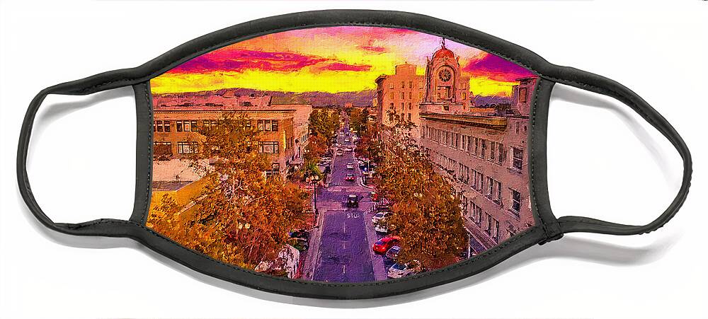 W 4th Street Face Mask featuring the digital art Aerial view of W 4th Street in downtown Santa Ana - digital painting by Nicko Prints