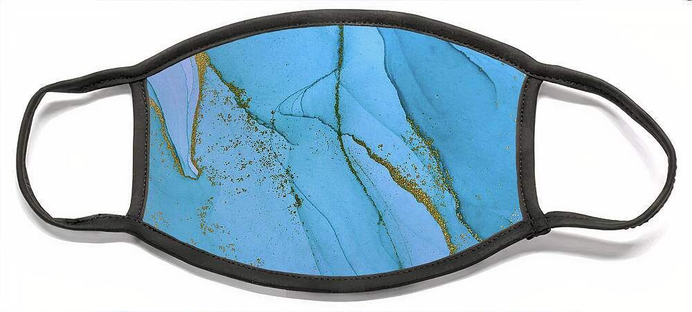 Blue Face Mask featuring the painting Alcohol ink blue and gold abstract background. Ocean style water by Tony Rubino