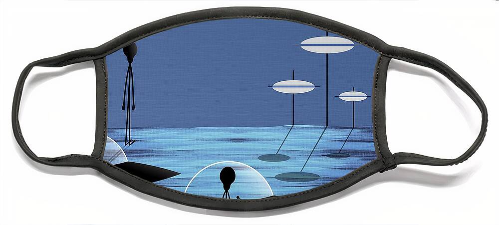 Mid Century Modern Face Mask featuring the digital art Aliens Blue Sky by Donna Mibus