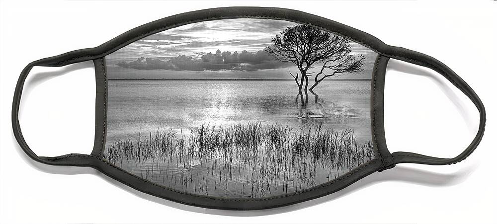 Clouds Face Mask featuring the photograph Alone at Sunset in Black and White by Debra and Dave Vanderlaan