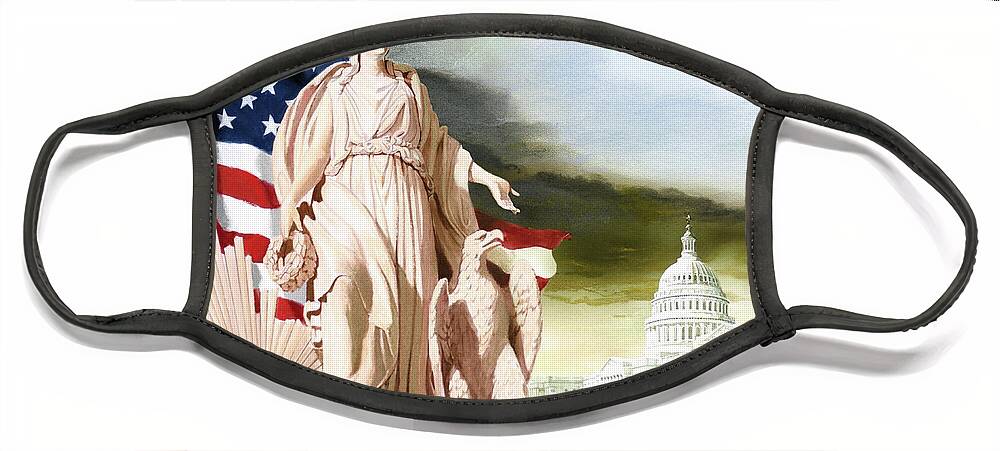 Tom Lydon Face Mask featuring the painting America - Progress of Civilization - America With Eagle At Her Side And Sun At Her Back by Tom Lydon