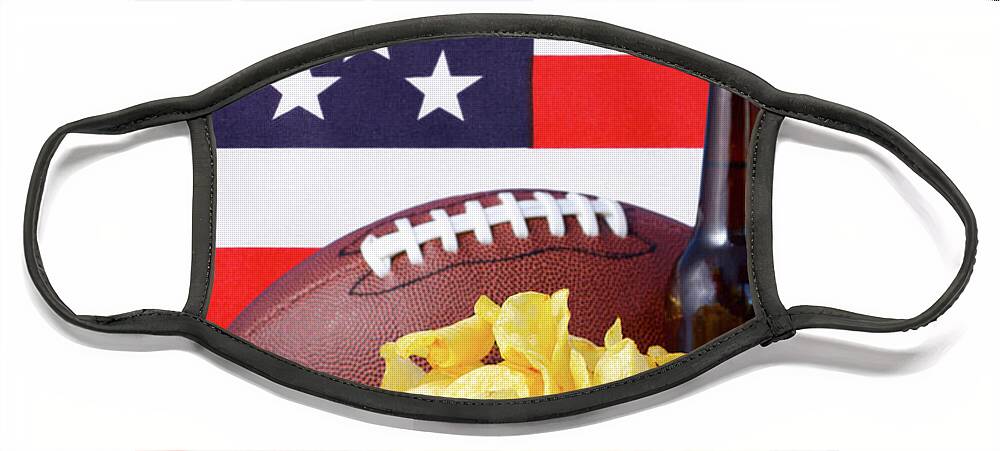Beer Face Mask featuring the photograph American football with beer and chips. by Milleflore Images