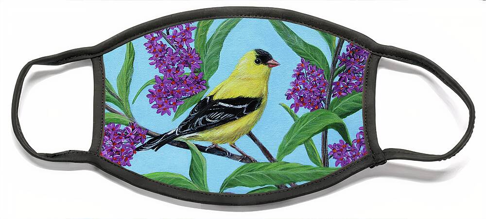 Acrylic Painting Face Mask featuring the painting American Goldfinch in the Butterfly Bush by Linda Goodman