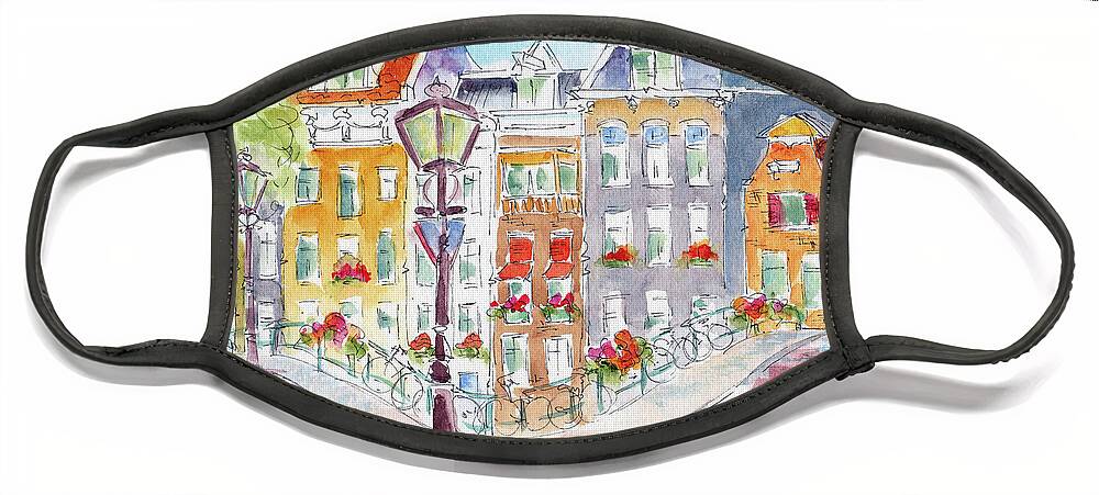 Impressionism Face Mask featuring the painting Amsterdam Bikes And Lampposts by Pat Katz