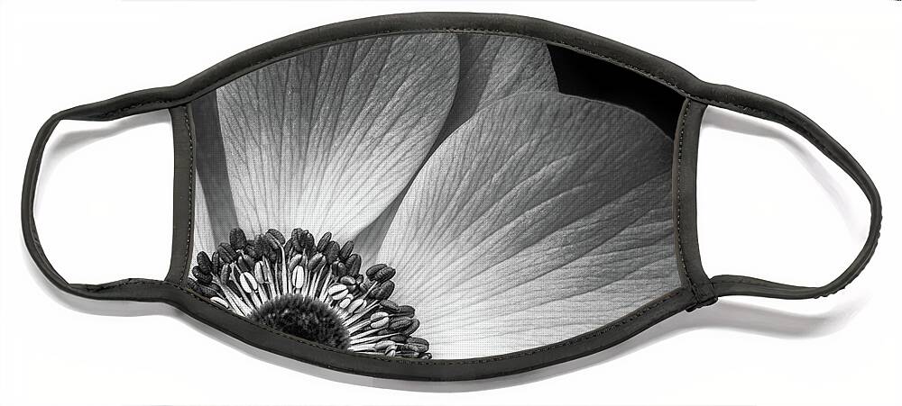 Anemone Face Mask featuring the photograph Anemone Flower Closeup in Black And White by Elvira Peretsman