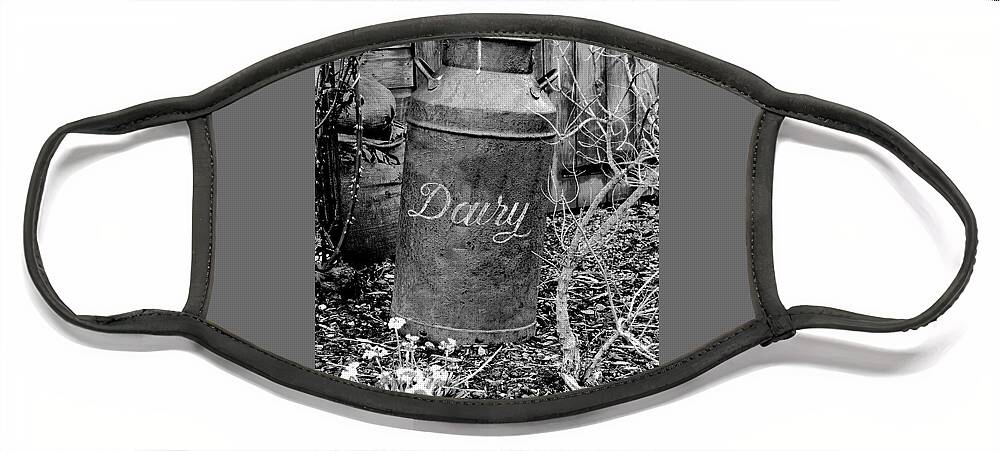 Shed Face Mask featuring the photograph Antique vintage dairy can black and white by Severija Kirilovaite