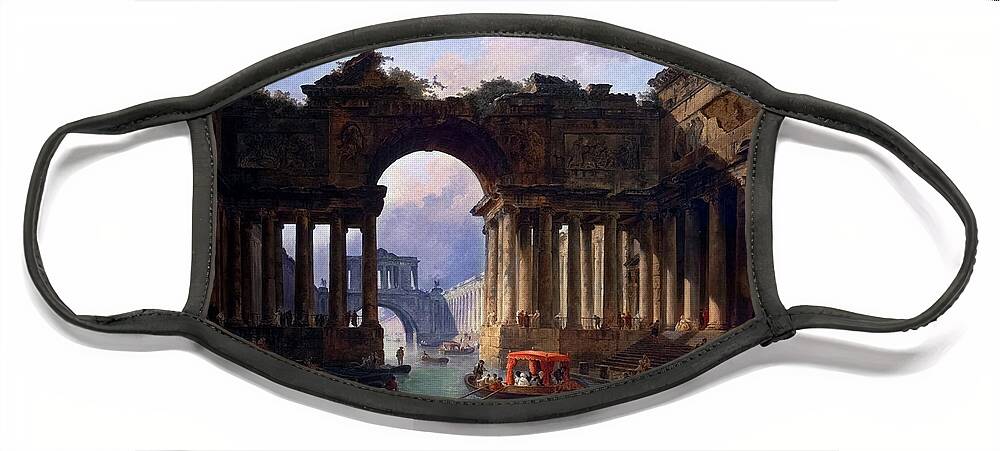 Architectural Landscape With A Canal Face Mask featuring the painting Architectural Landscape With A Canal by Hubert Robert by Rolando Burbon