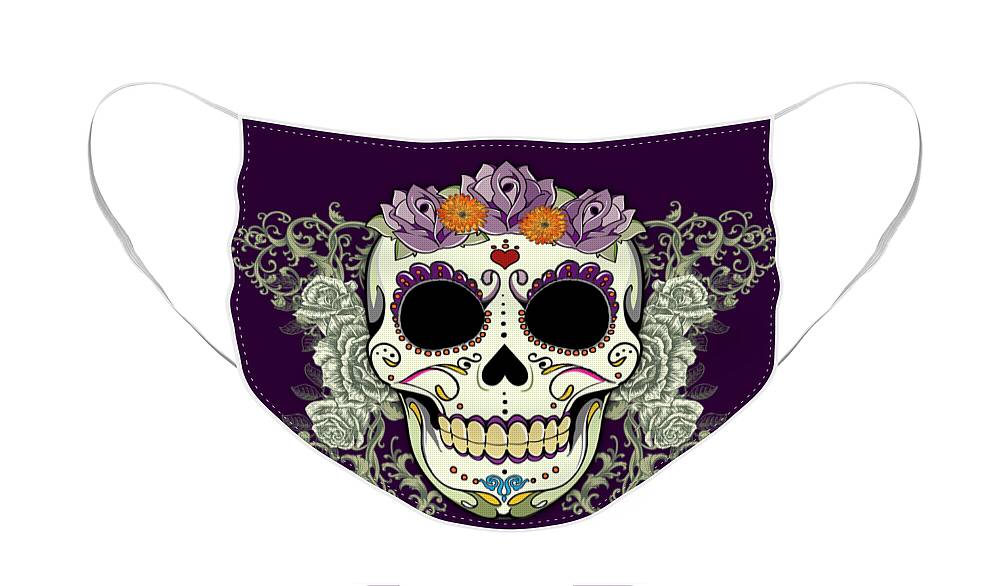 Purple Face Mask featuring the digital art Vintage Sugar Skull and Flowers by Tammy Wetzel