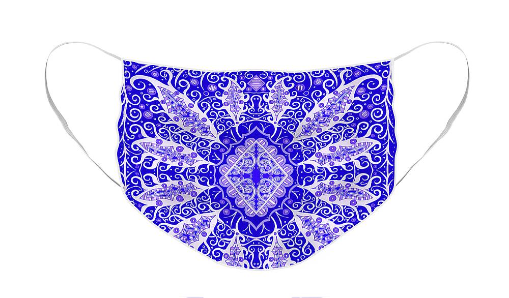 Blue Period Face Mask featuring the mixed media Spoke Abstract Design with Light Purple Swirls and Diamonds on Navy Blue by Lise Winne