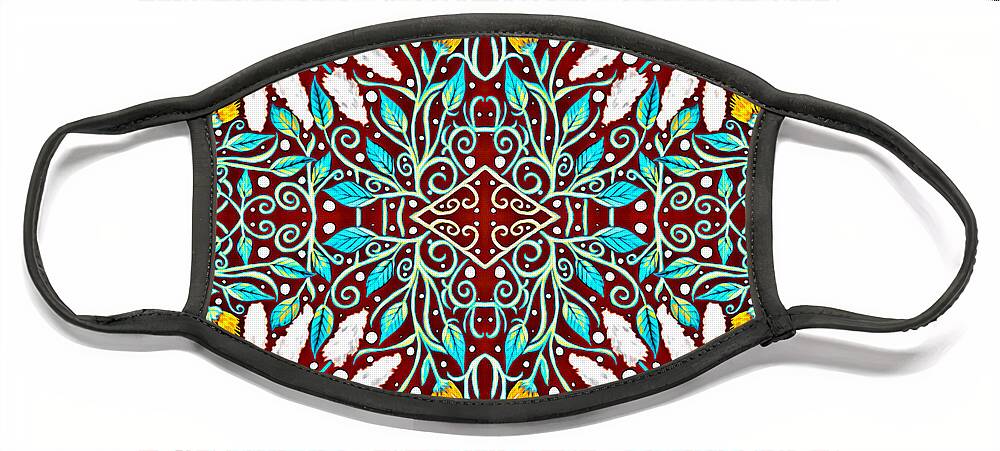 Turquoise Leaves Face Mask featuring the mixed media Floral Design in Turquoise, Yellow and Red by Lise Winne