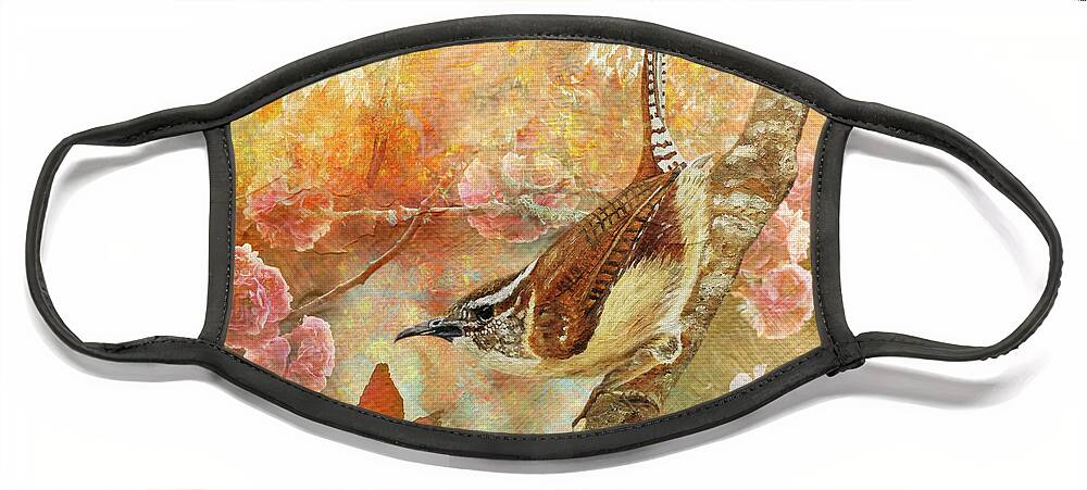 Wren Face Mask featuring the painting Sweet Autumn Carolina Wren by Angeles M Pomata