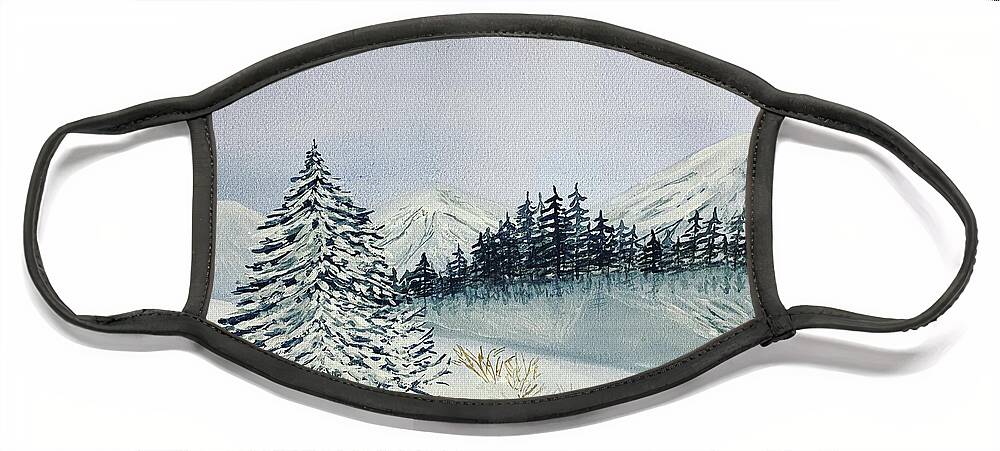 Winter Face Mask featuring the painting Winter Tree and Mountains by Lisa Neuman