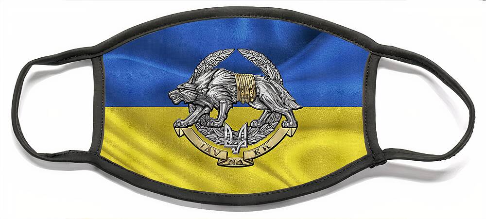 'military Insignia & Heraldry’ Collection By Serge Averbukh Face Mask featuring the digital art Ukrainian Special Operations Forces - SSO Emblem over Ukrainian Colors by Serge Averbukh