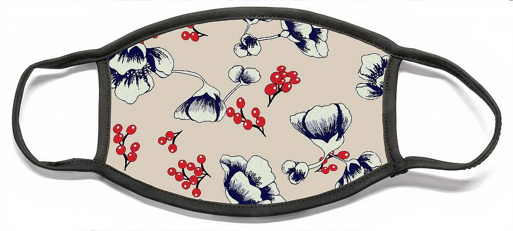 Asian Face Mask featuring the digital art Asian Blossoms with Red Berries by Sand And Chi
