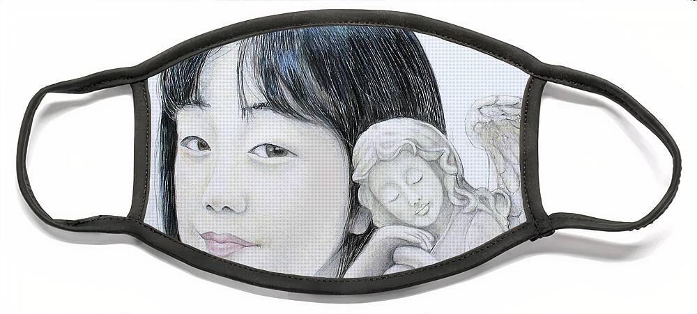 Asuka Face Mask featuring the drawing Asuka and the angel by Tim Ernst