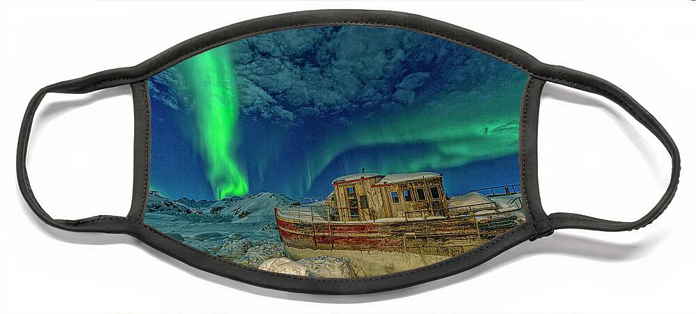 00648338 Face Mask featuring the photograph Aurora Borealis and Boat by Shane P White