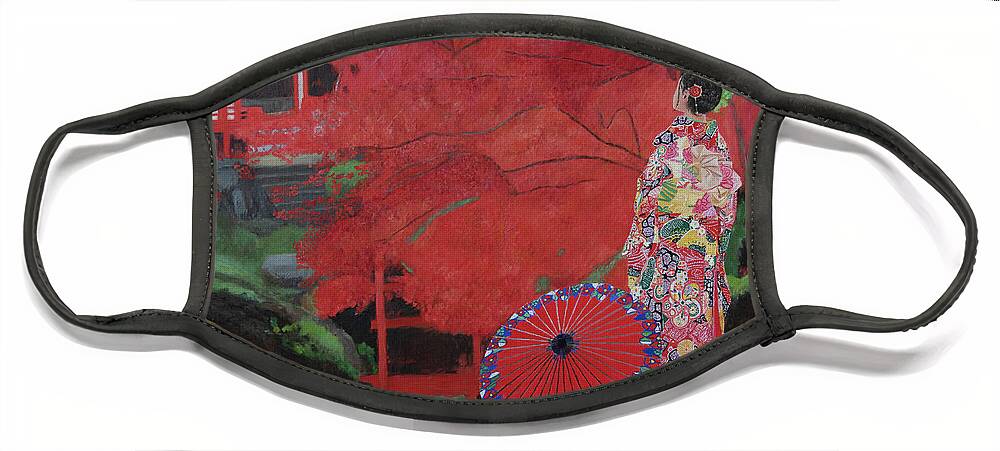 Japan Face Mask featuring the painting Autumn Scene in Japan by Masami IIDA