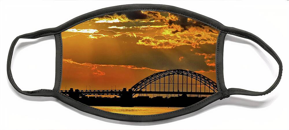 Sunset Face Mask featuring the photograph Autumn Sunset Behind Tacony-Palmyra Bridge on the Delaware by Linda Stern