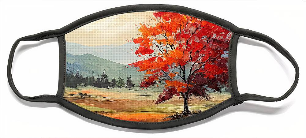 Yellow Face Mask featuring the painting Autumn's Tranquility - Red Maple Paintings by Lourry Legarde