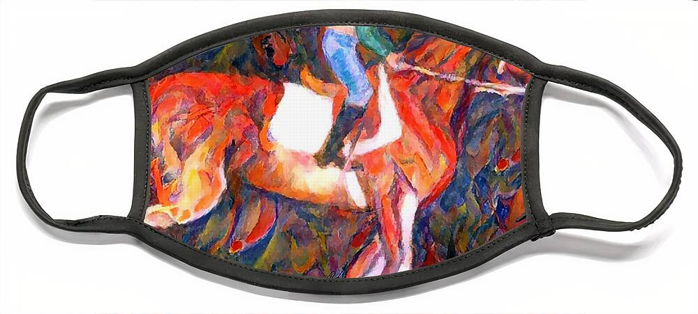 Equestrian Art Face Mask featuring the digital art Backstretch Thoroughbred 007 by Stacey Mayer by Stacey Mayer