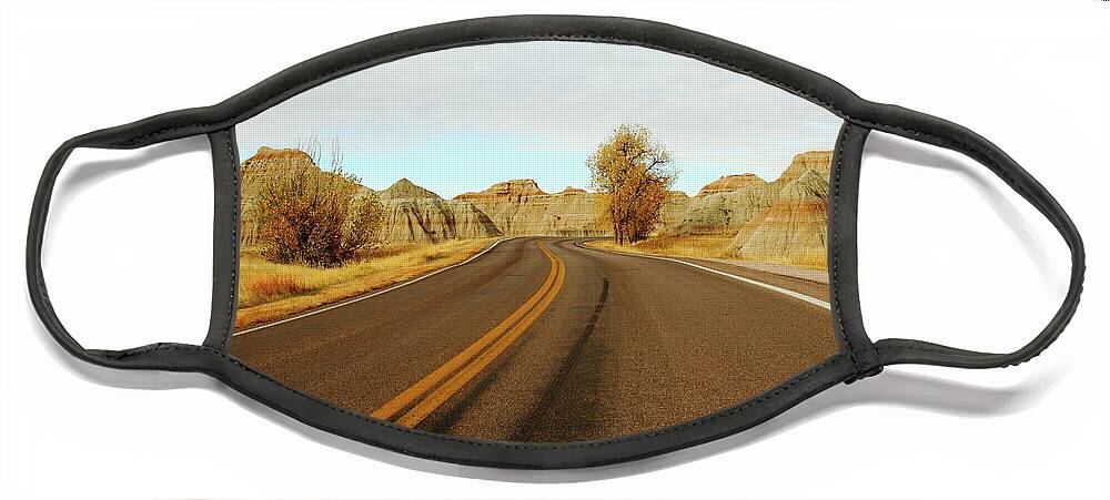 Badlands National Park Face Mask featuring the photograph Badland Blacktop by Lens Art Photography By Larry Trager
