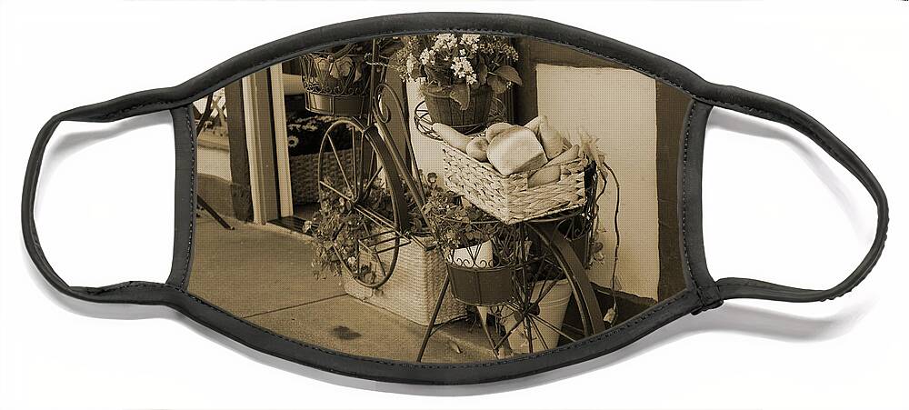 Bike Basket Face Mask featuring the photograph Bakery in Bicycle Basket and Flowers in Sepia by Colleen Cornelius