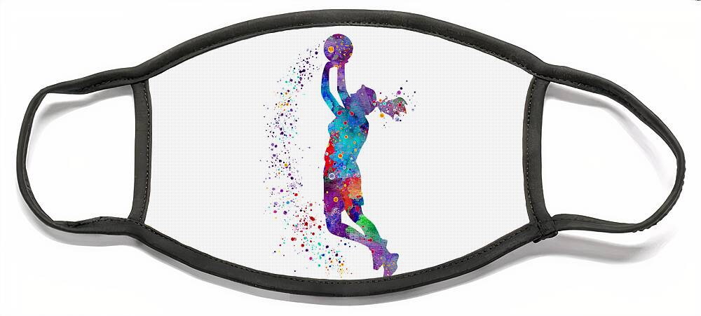 Basketball Face Mask featuring the digital art Basketball Girl Art Sports Nursery Art Colorful Blue Purple Watercolor Decor by White Lotus