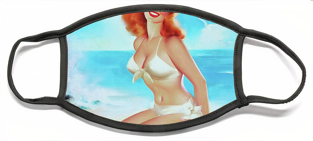 Beach Beauty Face Mask featuring the painting Beach Beauty by Edward Runci Pin-Up Girl Vintage Artwork by Rolando Burbon