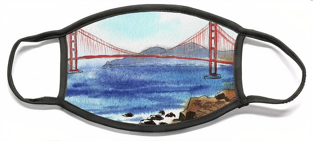 Bridge Face Mask featuring the painting Beautiful Golden Gate Bridge San Francisco Bay Watercolor by Irina Sztukowski