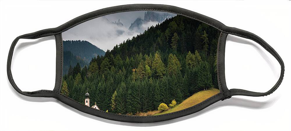 Dolomite Mountains Face Mask featuring the photograph Beautiful small Alpine church in Italy. by Michalakis Ppalis