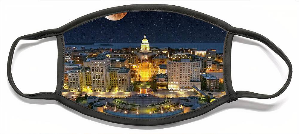Beaver Moon Face Mask featuring the photograph Beaver Moon lunar eclipse over Wisconsin State Capitol Building by James Brey