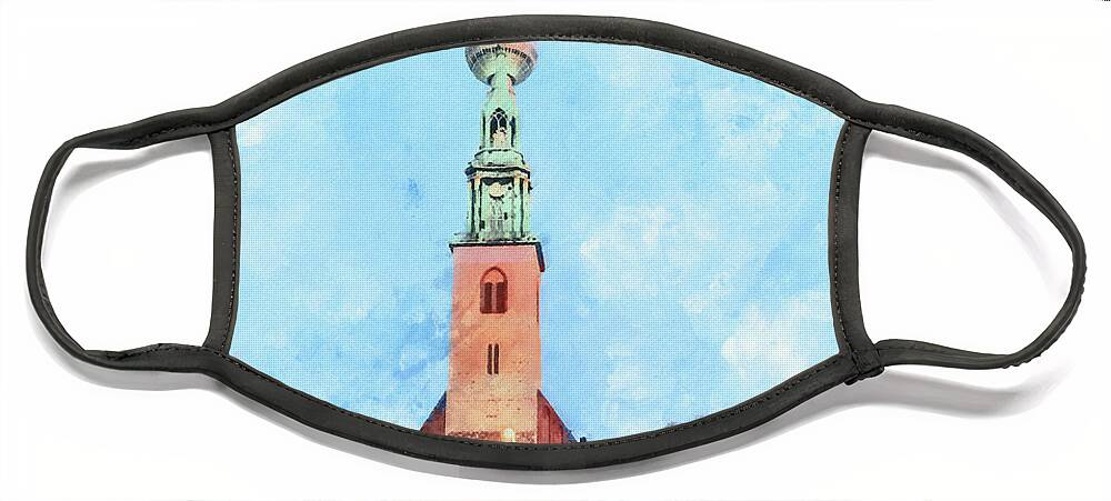 Berlin Face Mask featuring the painting Berlin. St. Mary's Church and TV Tower. by Alex Mir