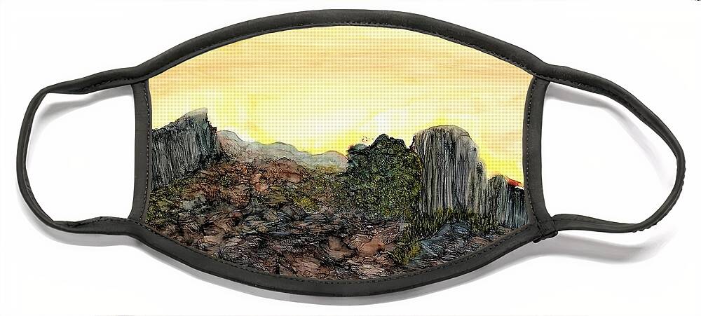 Rock Face Mask featuring the painting Between a rock and an arroyo by Angela Marinari