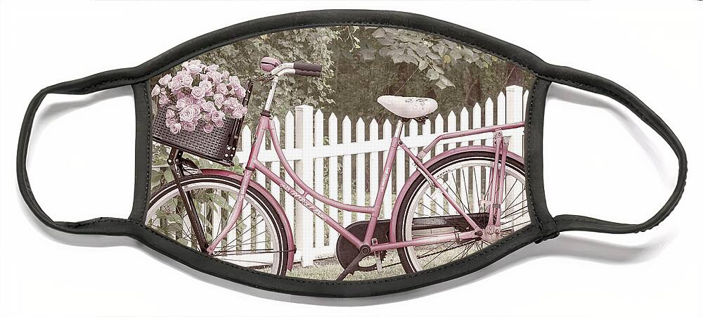 Carolina Face Mask featuring the photograph Bicycle by the Cottage Garden Fence II by Debra and Dave Vanderlaan