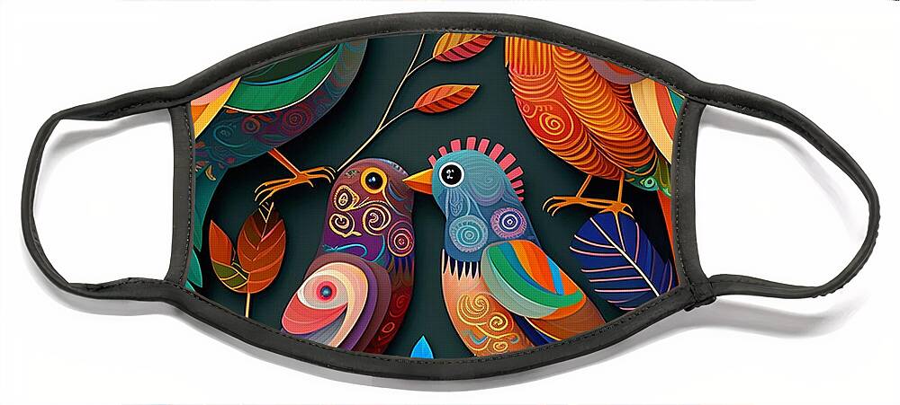 Birds Face Mask featuring the digital art Birds - Folk Art I by Jay Schankman