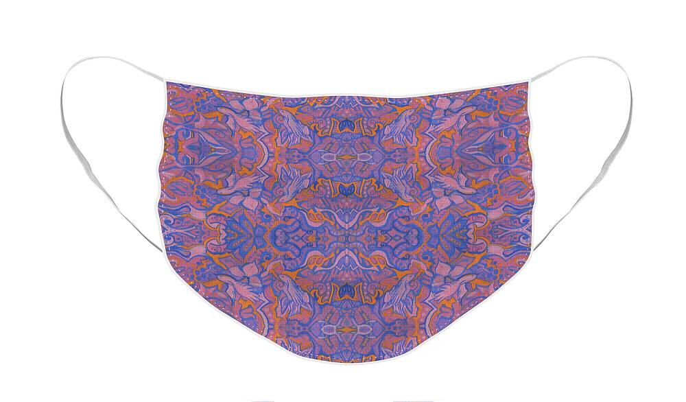 Abstract Floral Face Mask featuring the mixed media Birds of Sunrize Oriental Arabesque Pattern Blue Pink Orange by Julia Khoroshikh