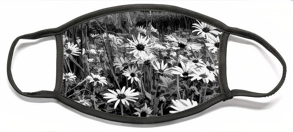 Black And White Face Mask featuring the mixed media Black And White Carpet Of Wild Field Daisies by Joan Stratton