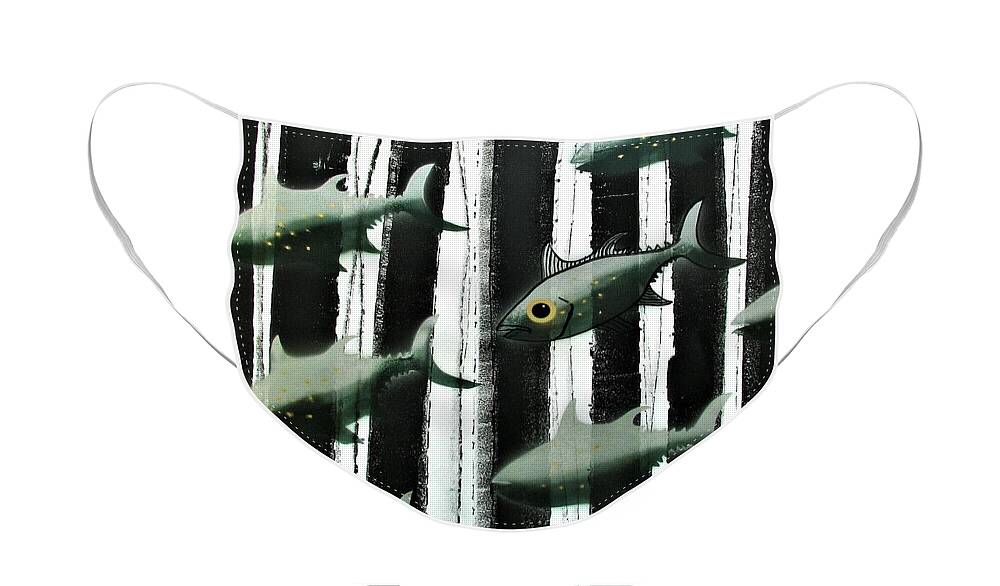 Fish Face Mask featuring the painting Black and White Fish by Joan Stratton