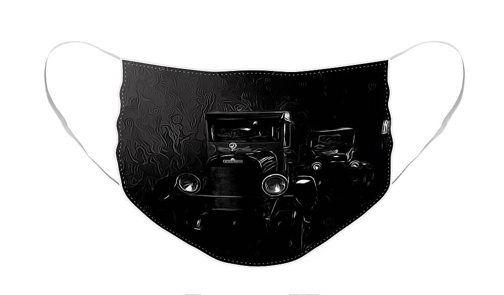 Classic Cars Face Mask featuring the mixed media Black And White REO Speedwagon At Night by Joan Stratton