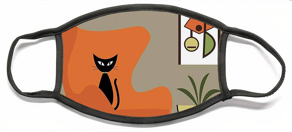 Cat Face Mask featuring the digital art Black Cat in Orange Egg Chair by Donna Mibus