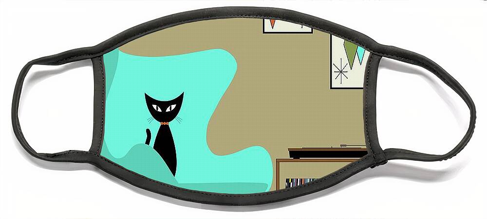 Mid Century Black Cat Face Mask featuring the digital art Black Cat in Record Player Room by Donna Mibus