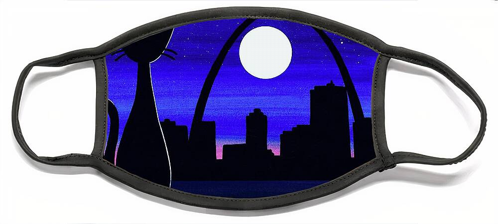 Mid Century Modern Black Cat Face Mask featuring the mixed media Black Cat views St. Louis Gateway Arch by Donna Mibus