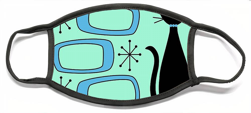 Mid Century Cat Face Mask featuring the digital art Black Cat with Mod Oblongs Aqua by Donna Mibus