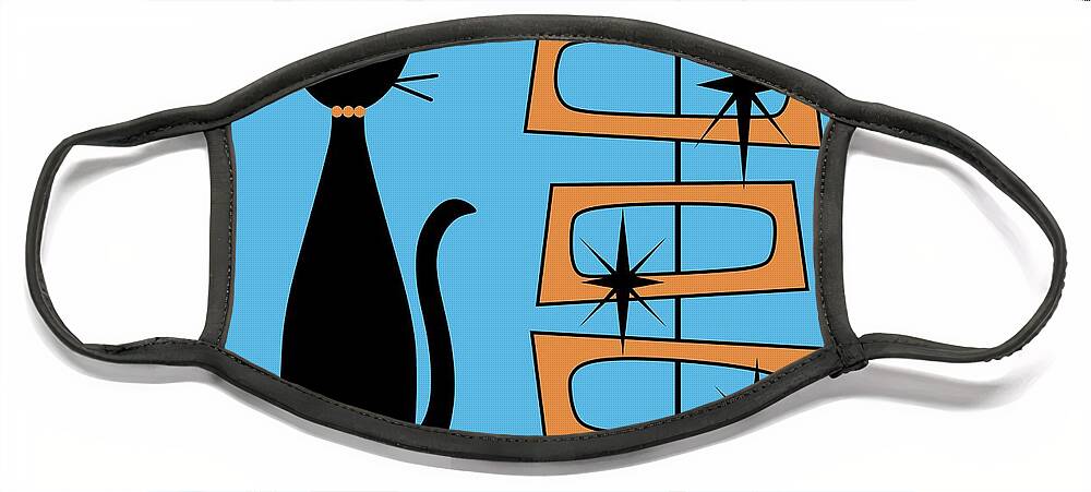 Mid Century Cat Face Mask featuring the digital art Black Cat with Mod Rectangles Blue by Donna Mibus