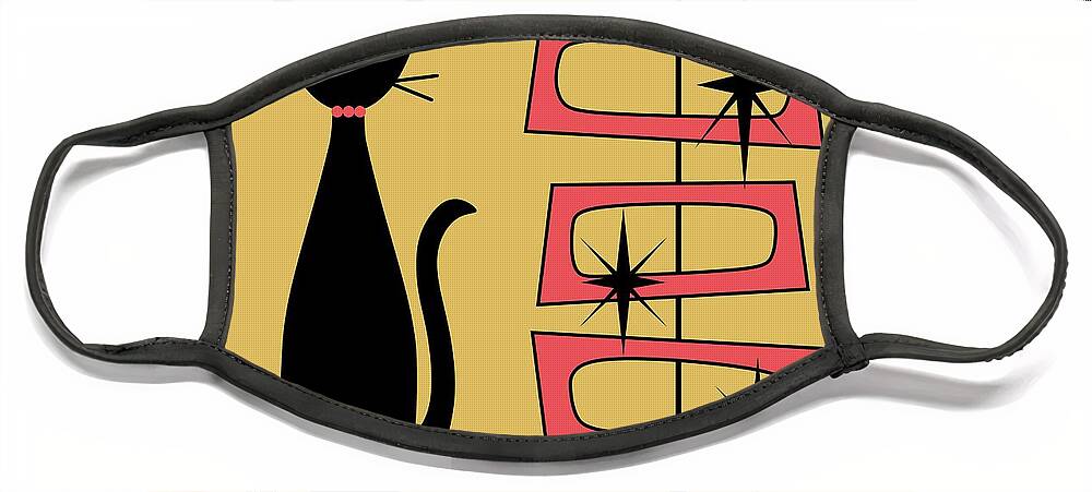 Mid Century Cat Face Mask featuring the digital art Black Cat with Mod Rectangles Yellow by Donna Mibus