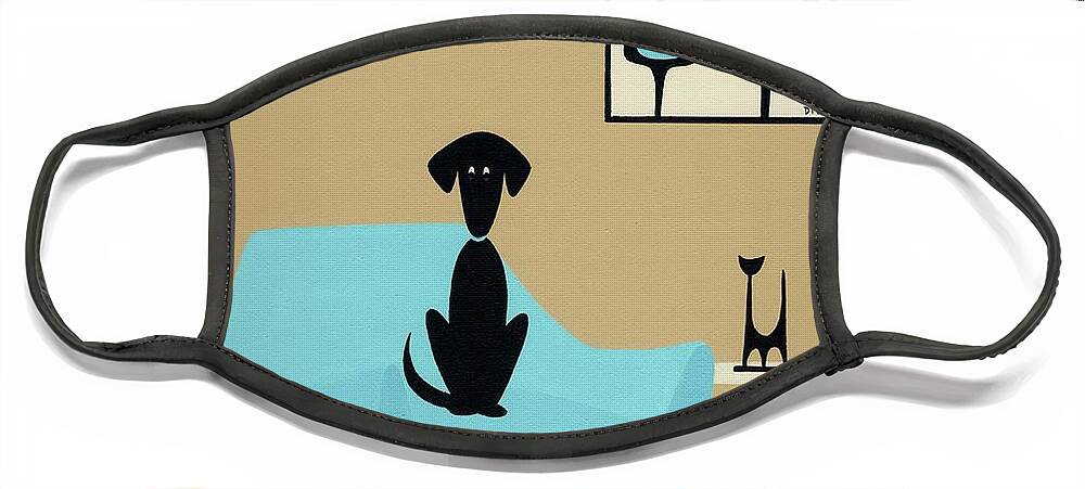 Mid Century Modern Black Dog Face Mask featuring the painting Black Dog in Blue Henry Glass Chair by Donna Mibus