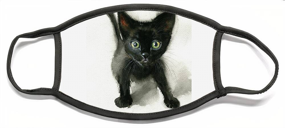 Kitten Face Mask featuring the painting Black Kitten Painting by Dora Hathazi Mendes
