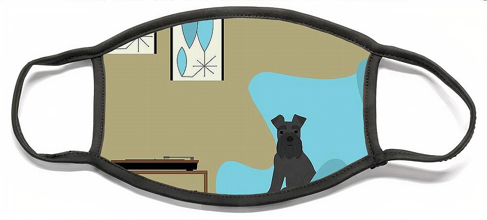 Mini Schnauzer Dog Face Mask featuring the digital art Black Mini Schnauzer with Record Player by Donna Mibus